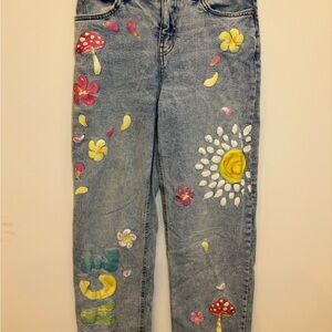 WOMENS WILD FABLE HIGH RISE PAINTED DENIM DAD JEANS SUNFLORAL MUSHROOM SZ00